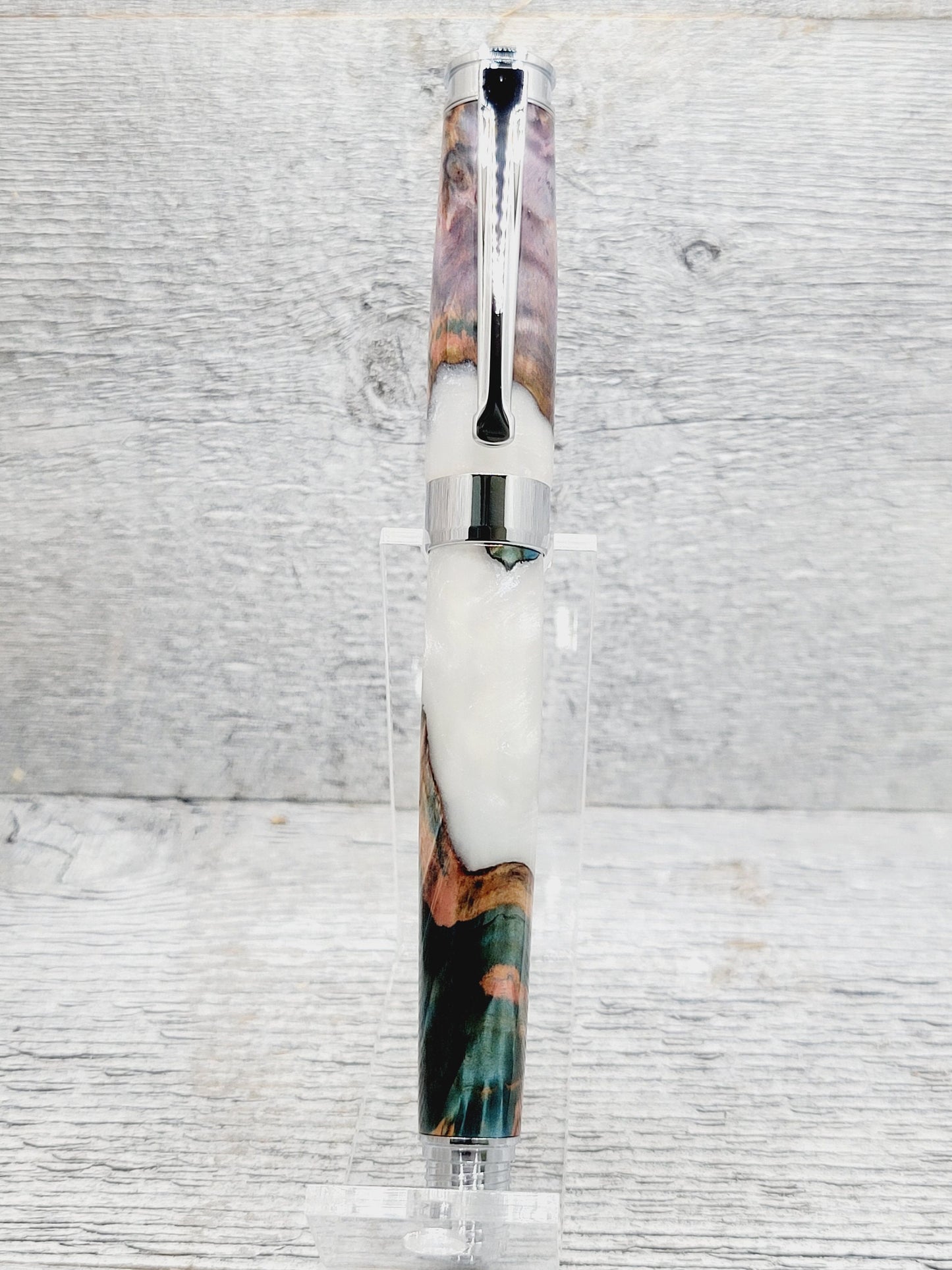 Leveche Rollerball Pen with a Chestnut Burl and White Resin Body