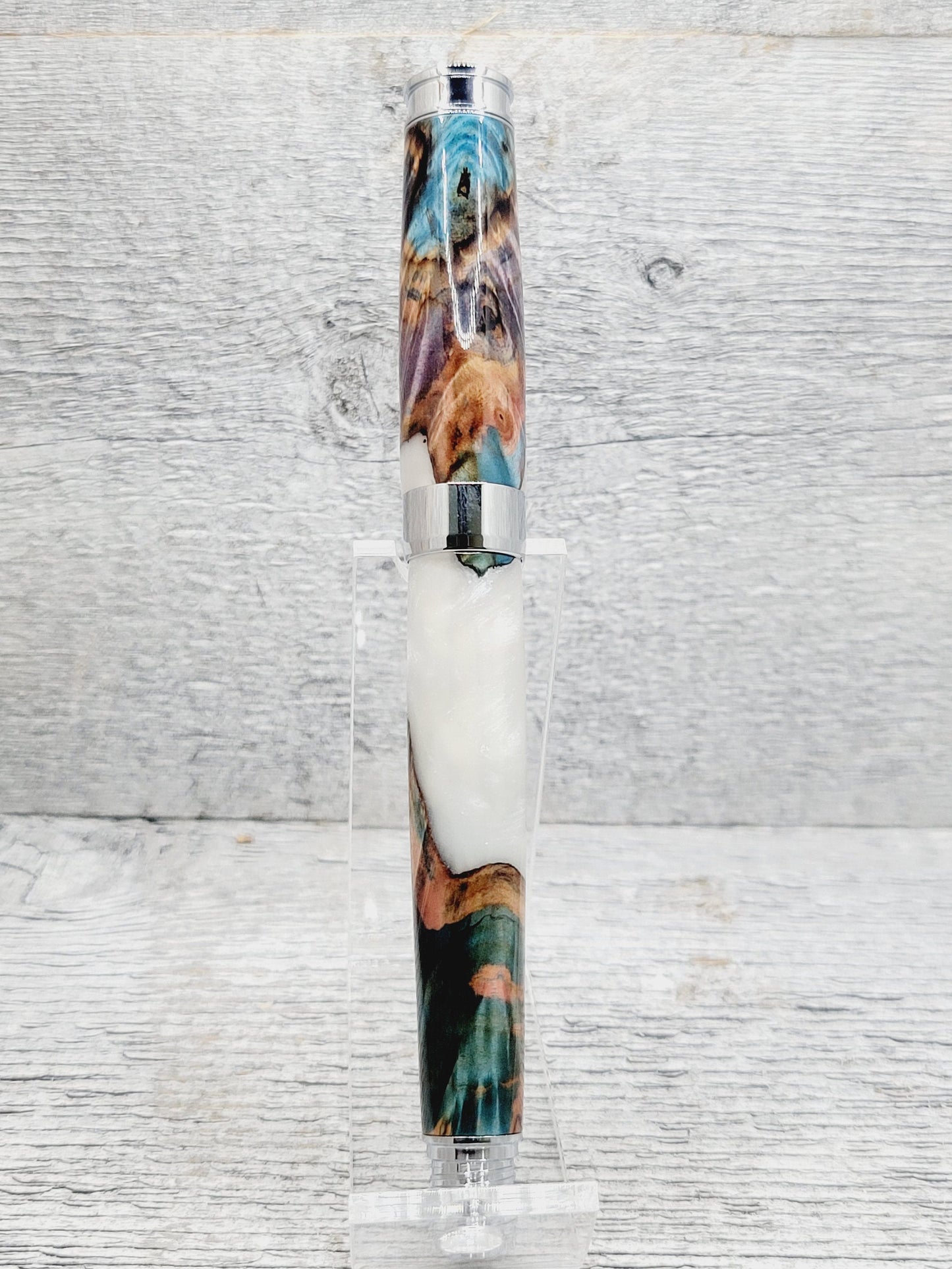 Leveche Rollerball Pen with a Chestnut Burl and White Resin Body