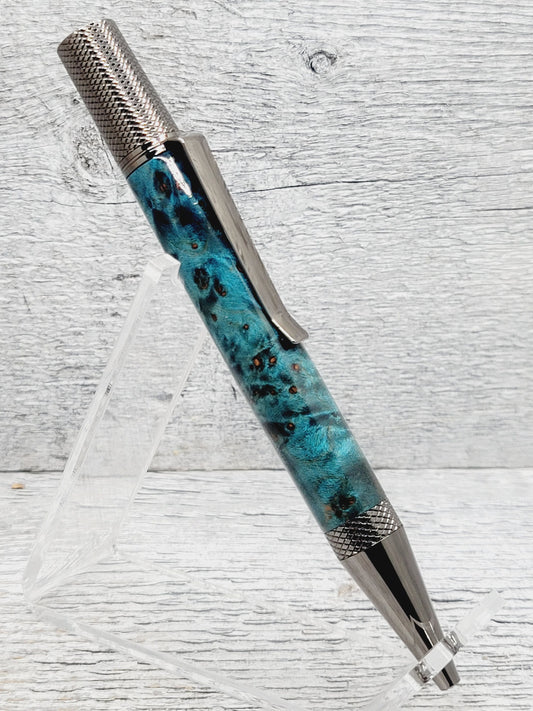 Professor Twist Ballpoint Pen with a Blue Dyed Maple Burl Wood Body