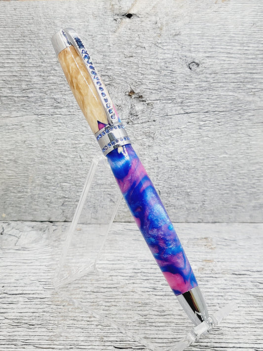 Princess Twist Ballpoint Pen w/Swarovski Crystals with a Maple Burl Wood and Resin Body
