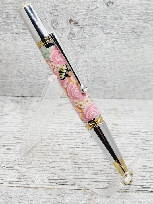 Majestic Squire Ballpoint Pen with a Pink Rose & Butterfly Polymer Clay Body