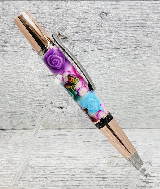Aero Twist Ballpoint Pen with a Polymer Clay Rainbow Floral & Butterfly Body