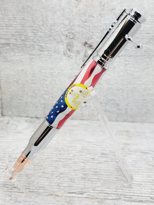 Bolt Action Ballpoint Pen with US Flag and Navy Chief Anchors Body