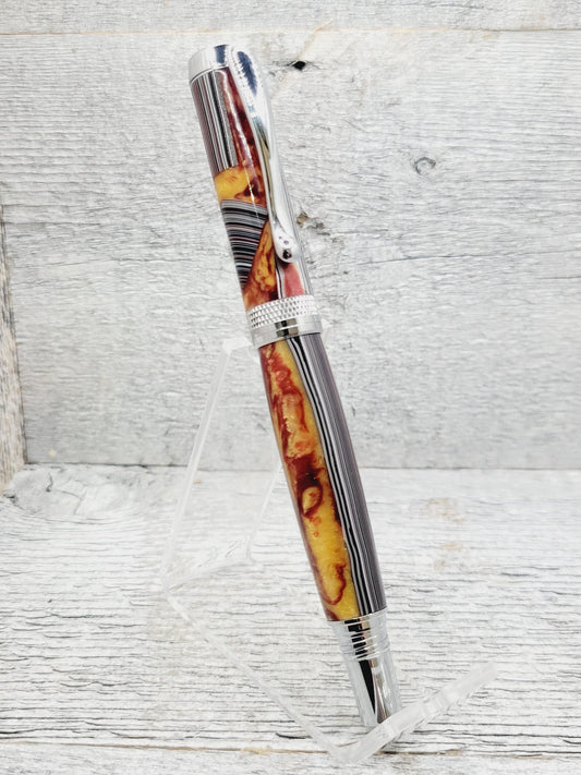 Diamond Knurl Rollerball Pen with Fordite and Resin body